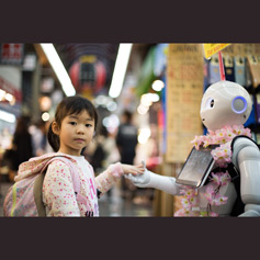 Young girl holding hands with an android.