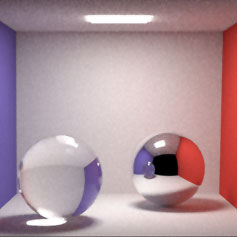 Computer graphic of two glass balls inside a cube