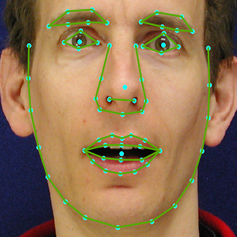 Image of a human face overlaid with map points.