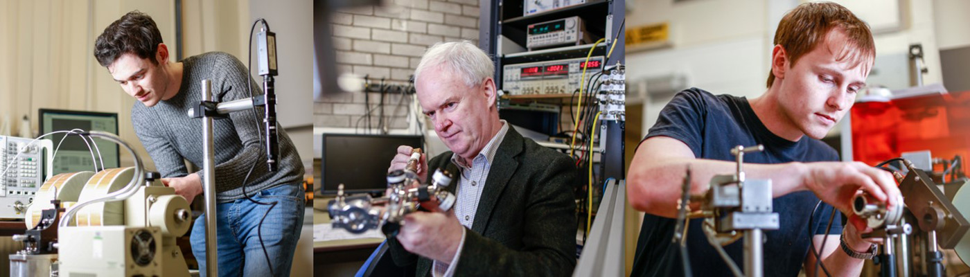 Montage or images showing three researchers using lab equipment